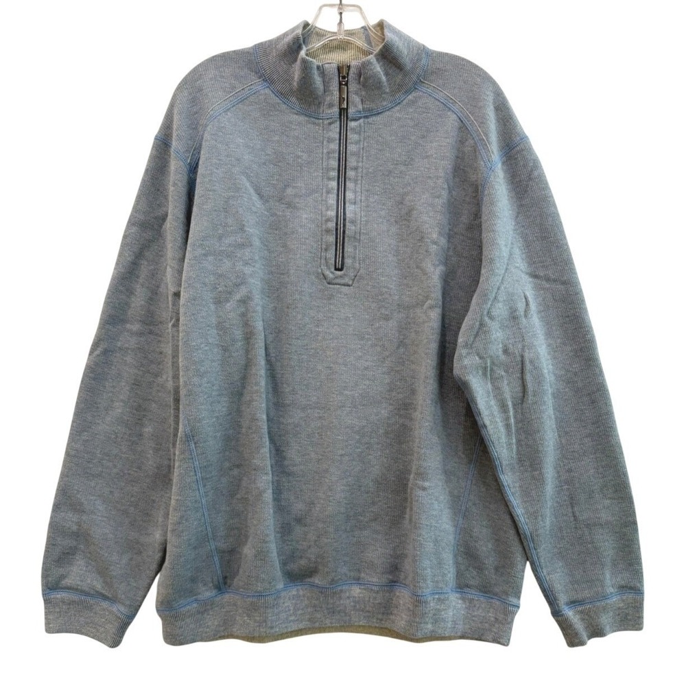 Tommy Bahama Mens Quarter Zip Pullover Sweater Blue Heather Ribbed‎ Knit XL